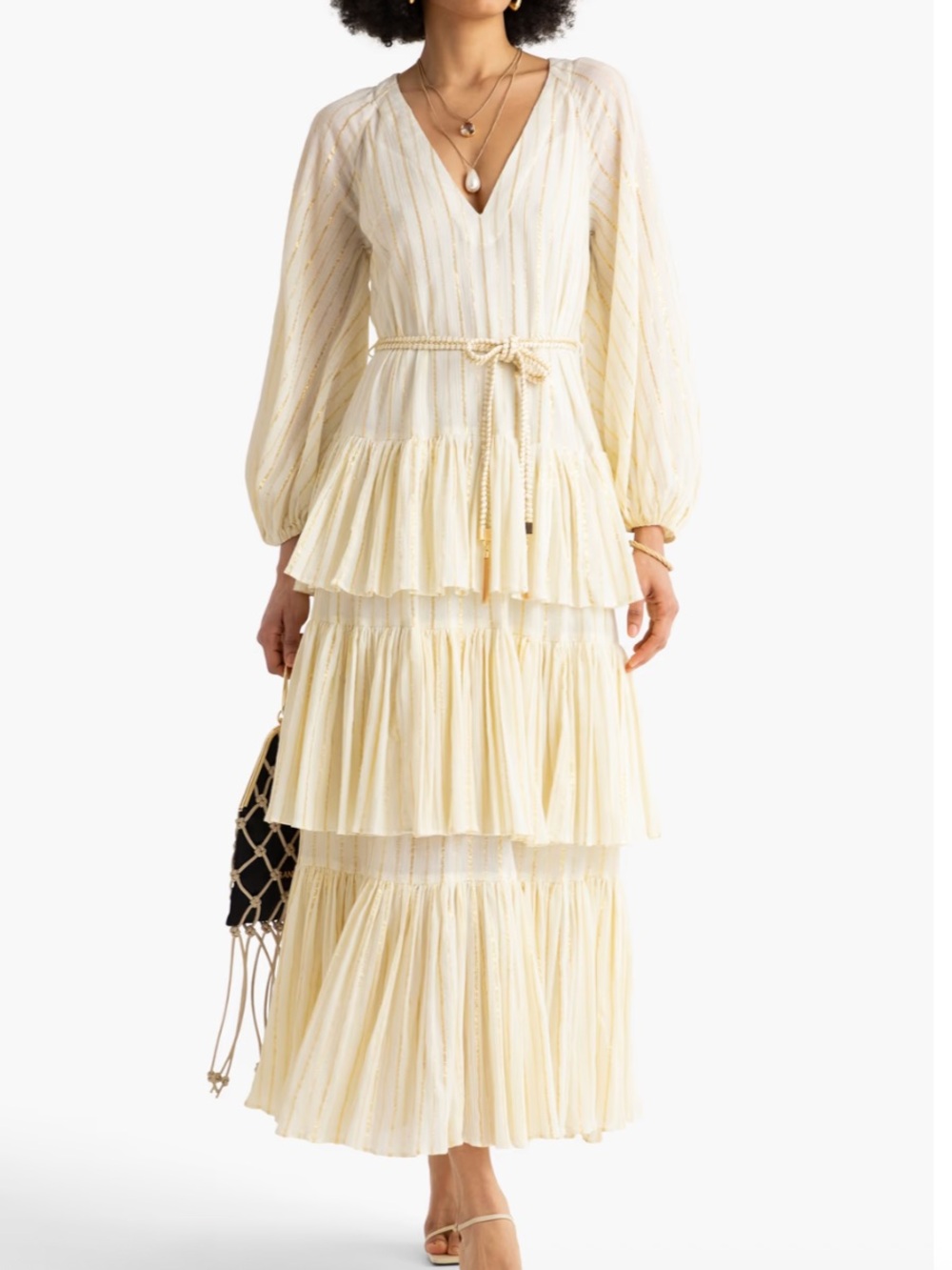 Zimmerman Cream Tiered V-Neck Maxi Dress with Rope Waist NWT
